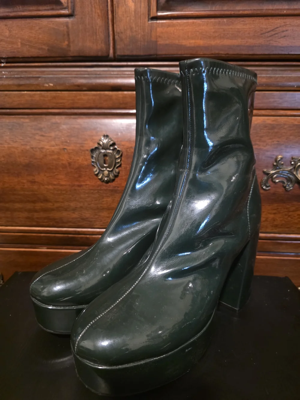 Dark Green Patent Platform Ankle Boots - Women's